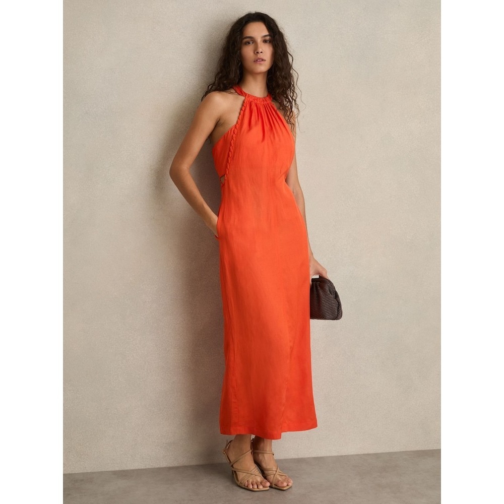 Reiss Erika Whipstitch Halterneck Midi Dress in Orange US 10